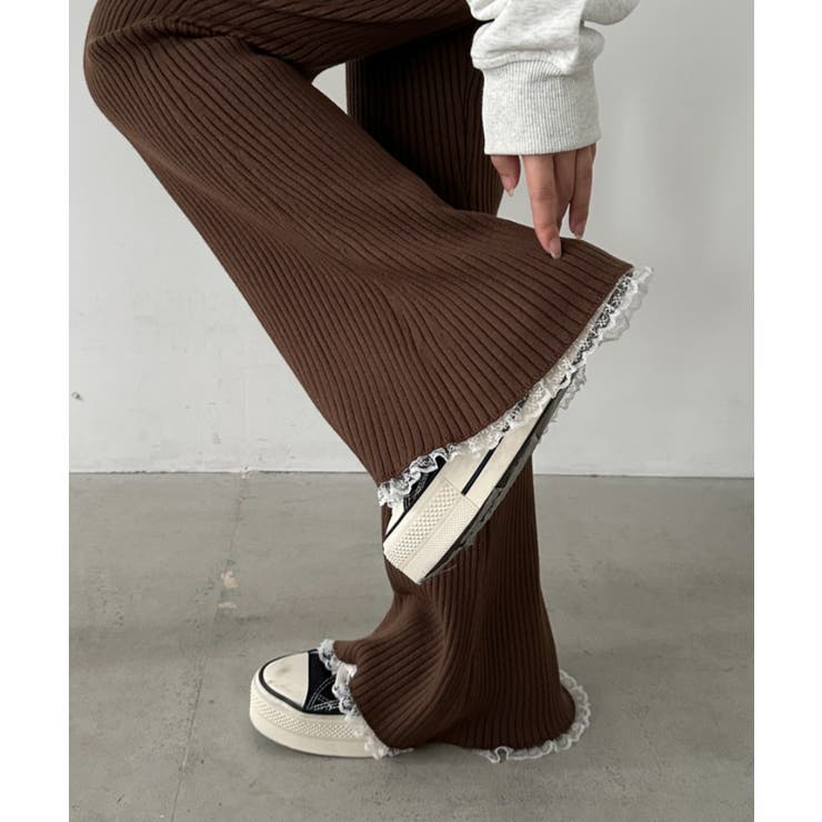 ブラウン | フリルレースリブニットパンツ | Outfitter lab