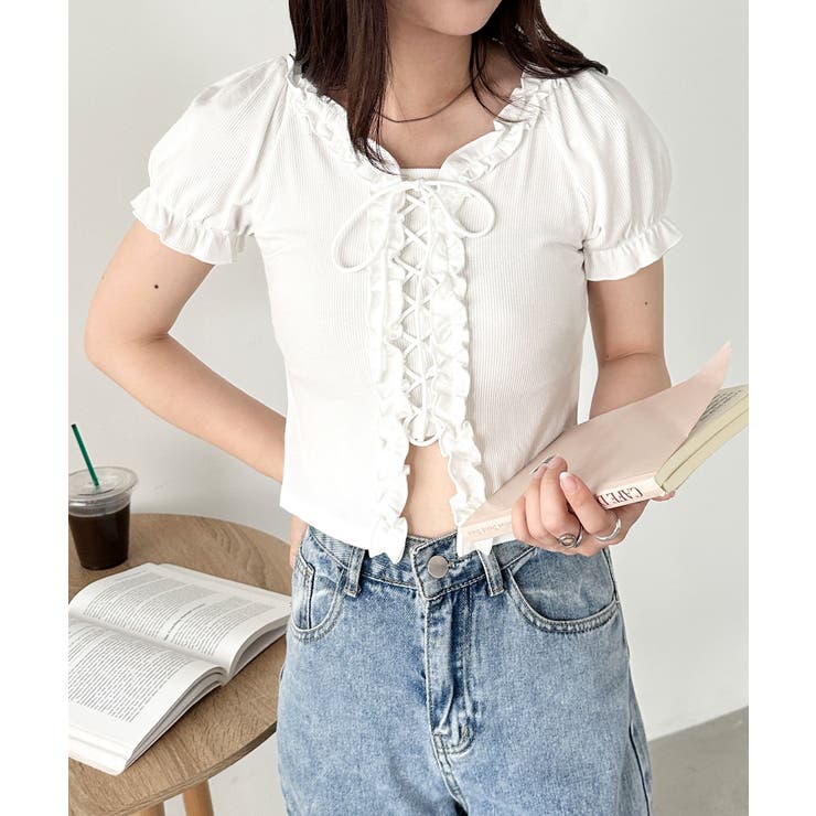 ホワイト | レースアップフロントリボントップス | Outfitter lab