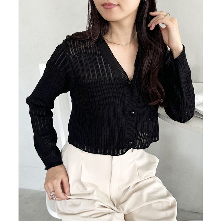 ブラック | 透かしランダムリブカーディガン | Outfitter lab