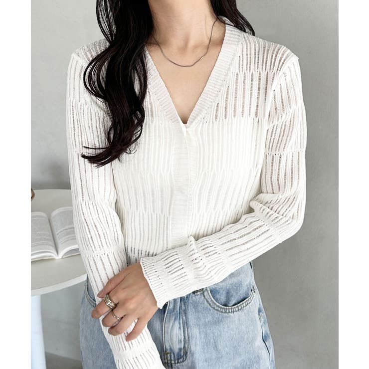 ホワイト | 透かしランダムリブカーディガン | Outfitter lab