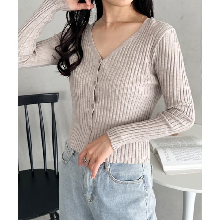 ベージュ | クロップドリブニットカーディガン | Outfitter lab