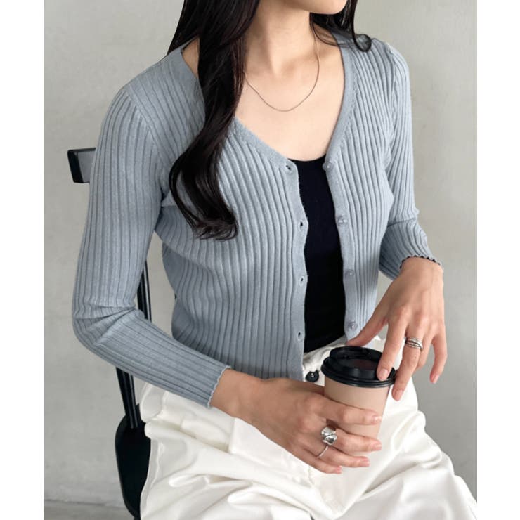 ブルー | クロップドリブニットカーディガン | Outfitter lab