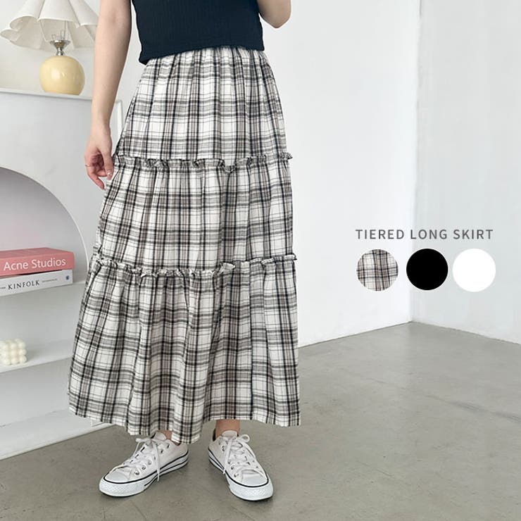 無地/チェック柄ティアードロングスカート | Outfitter lab | 詳細画像1 