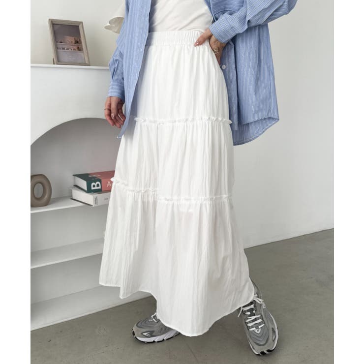 ホワイト | 無地/チェック柄ティアードロングスカート | Outfitter lab