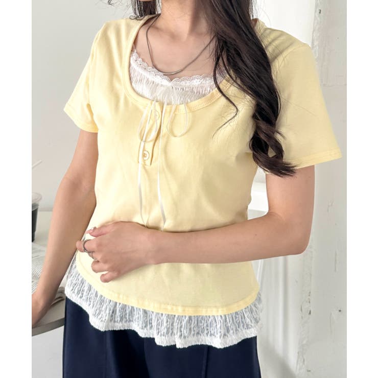 イエロー | レイヤード風レースリボントップス | Outfitter lab