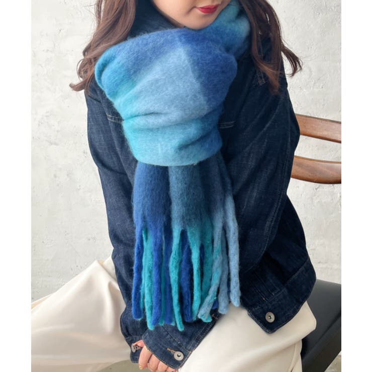 ブルー | マルチチェックボリュームフリンジマフラー | Outfitter lab