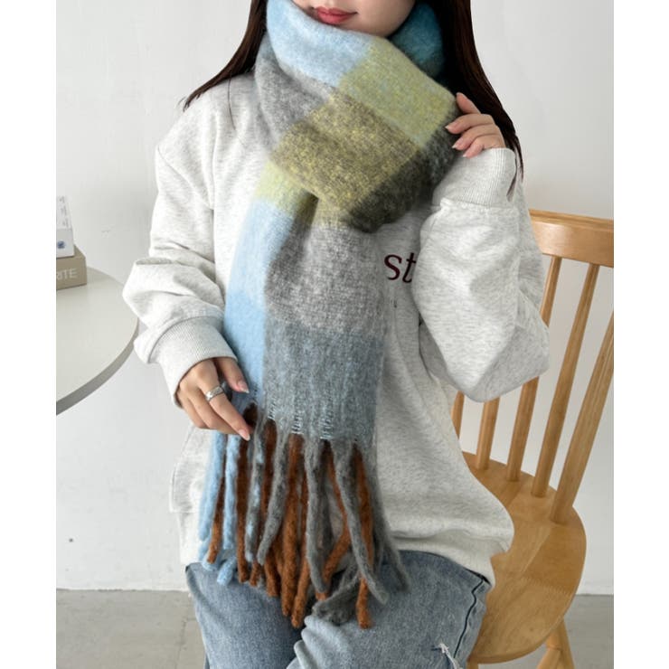 ライトブルー | マルチチェックボリュームフリンジマフラー | Outfitter lab