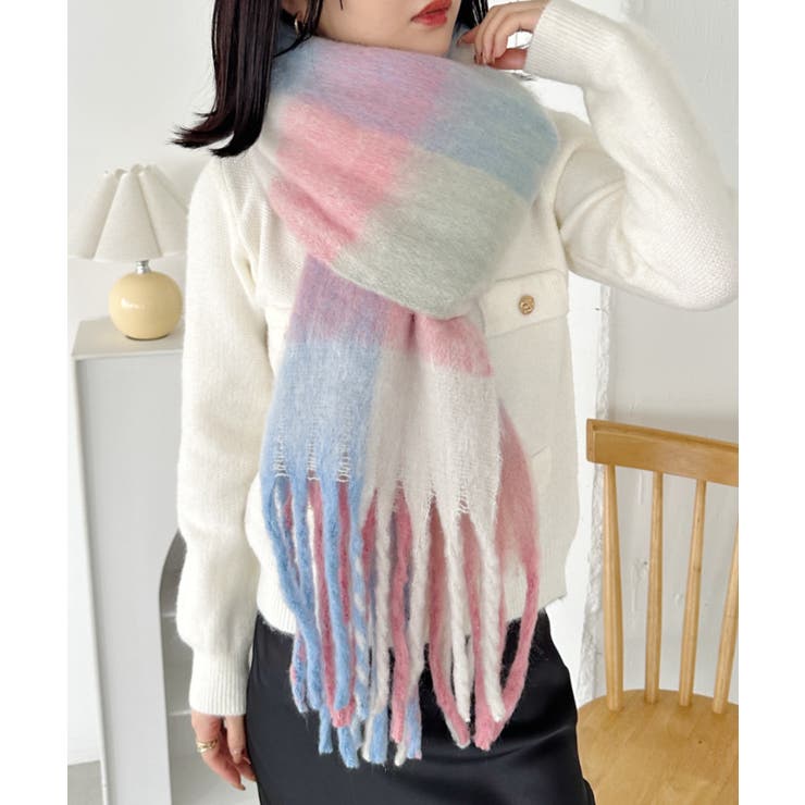 ライトピンク | マルチチェックボリュームフリンジマフラー | Outfitter lab