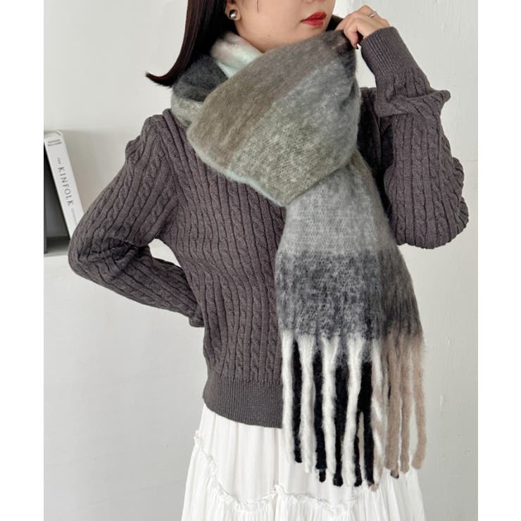 ミント | マルチチェックボリュームフリンジマフラー | Outfitter lab