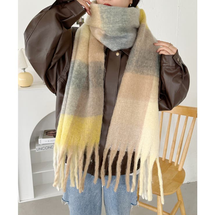 イエロー | マルチチェックボリュームフリンジマフラー | Outfitter lab