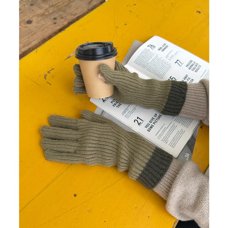 グリーン | 【スマホ対応】リブニットホールタッチバイカラーグローブ手袋 | Outfitter lab