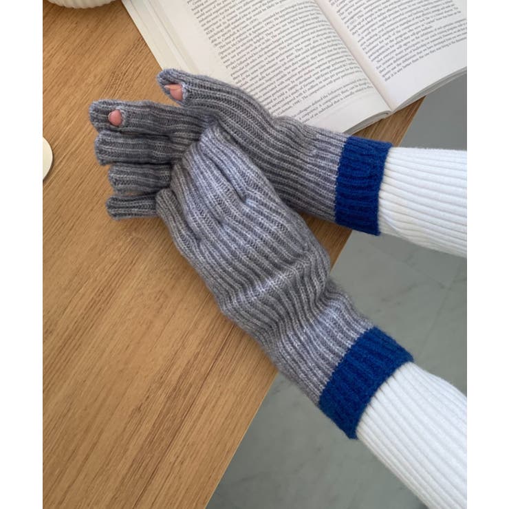 グレー | 【スマホ対応】リブニットホールタッチバイカラーグローブ手袋 | Outfitter lab