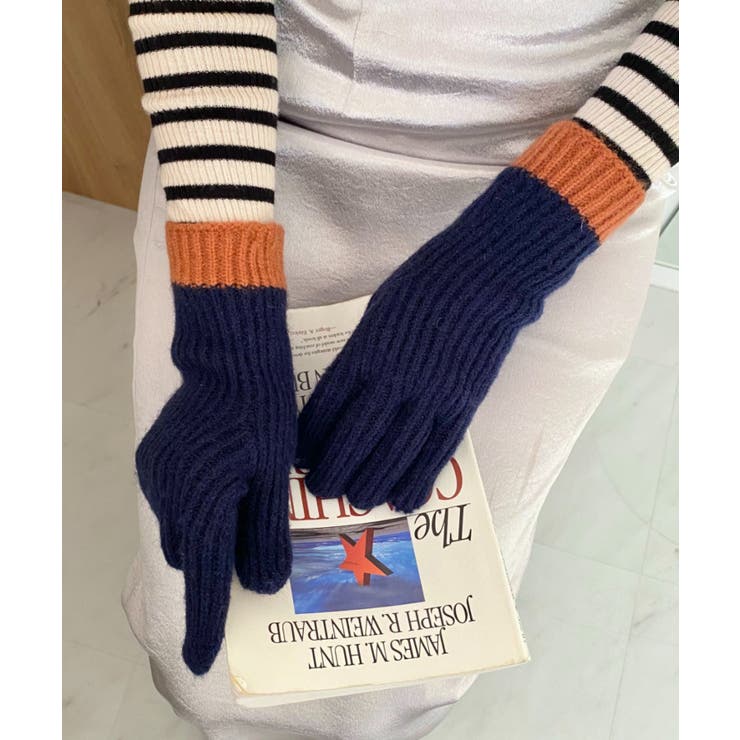 ネイビー | 【スマホ対応】リブニットホールタッチバイカラーグローブ手袋 | Outfitter lab