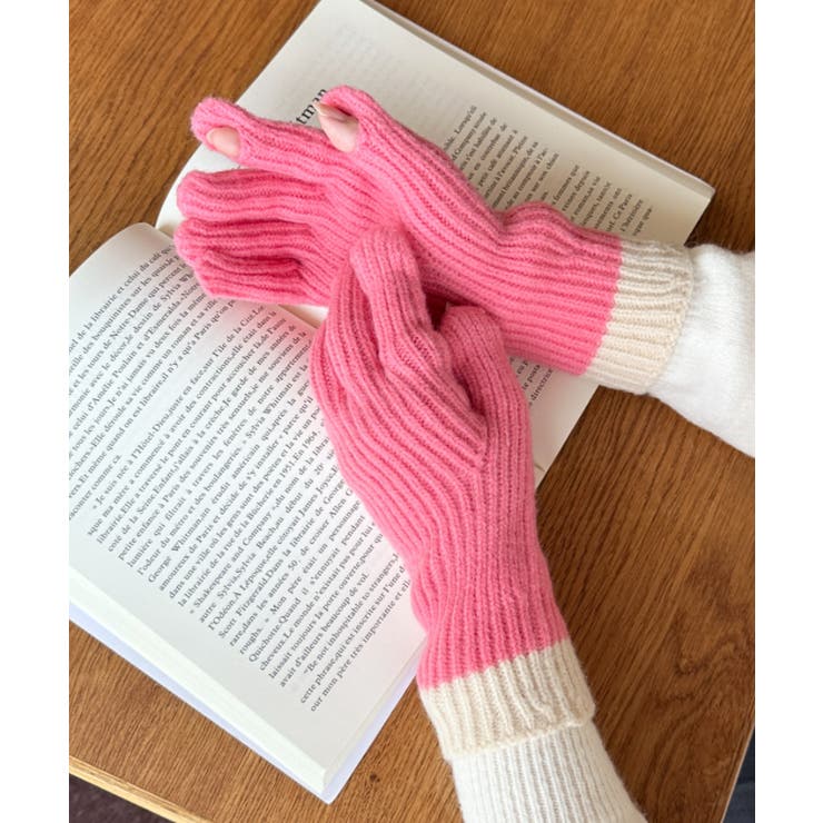 ピンク | 【スマホ対応】リブニットホールタッチバイカラーグローブ手袋 | Outfitter lab