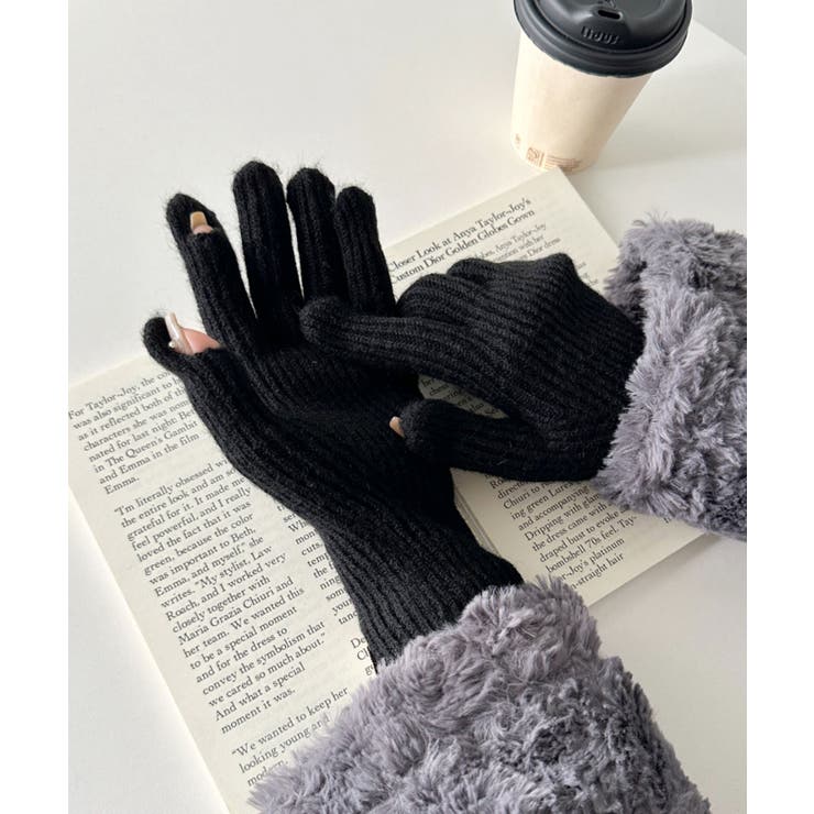 ブラック | 【スマホ対応】リブニットホールタッチグローブ手袋 | Outfitter lab