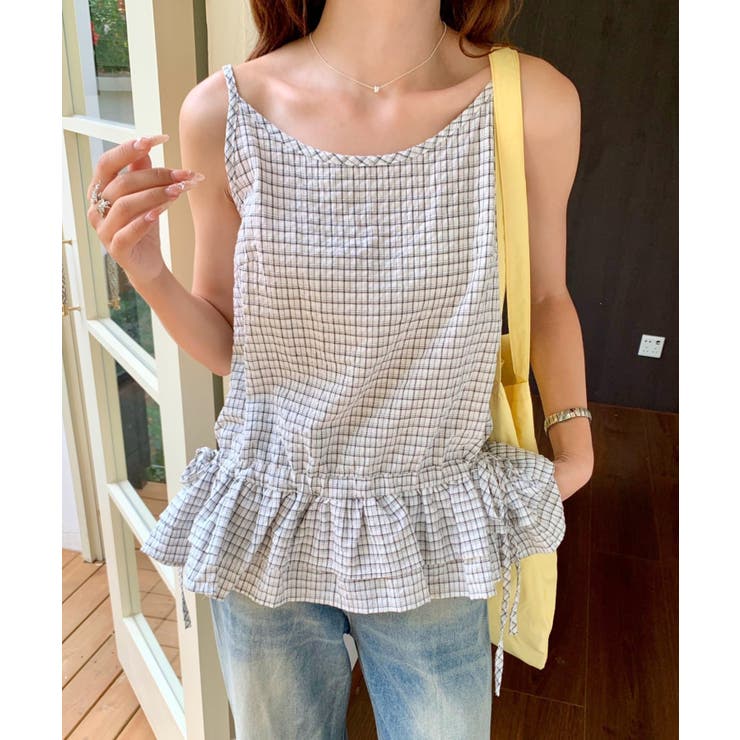 ホワイト | フリルヘムチェックキャミソール | Outfitter lab