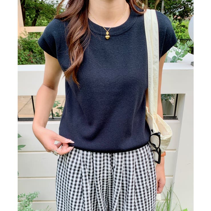 ブラック | クルーネックフレンチスリーブ半袖ニット | Outfitter lab