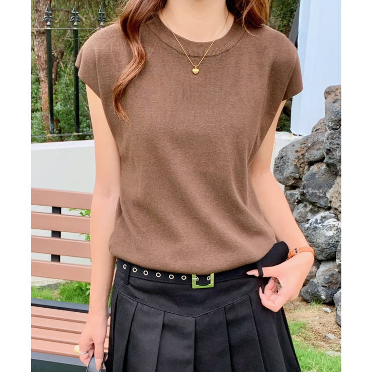 ブラウン | クルーネックフレンチスリーブ半袖ニット | Outfitter lab