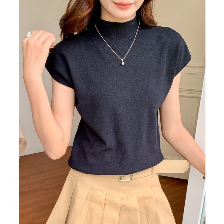 ブラック | ハイネックフレンチスリーブ半袖ニット | Outfitter lab