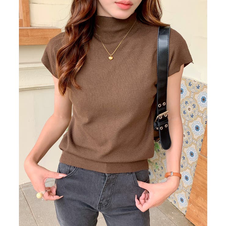 ブラウン | ハイネックフレンチスリーブ半袖ニット | Outfitter lab