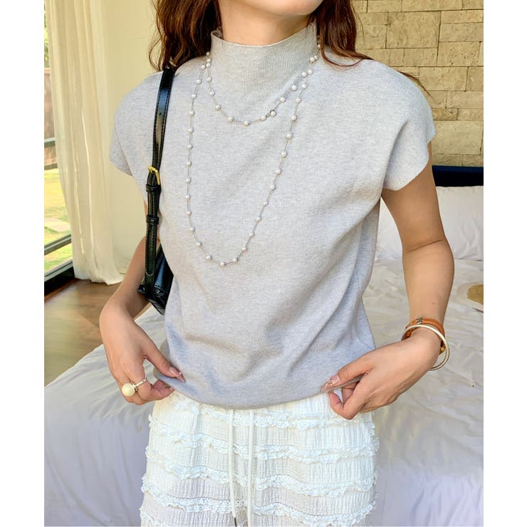 グレー | ハイネックフレンチスリーブ半袖ニット | Outfitter lab