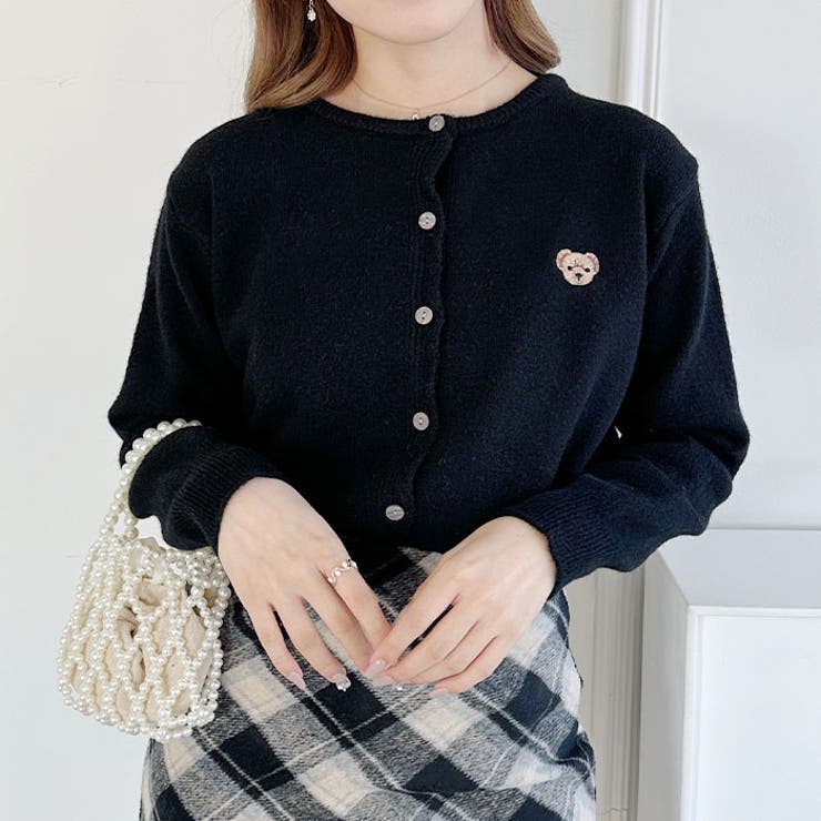 ワンポイントくま刺繍カーディガン[品番：OUTW0000063
