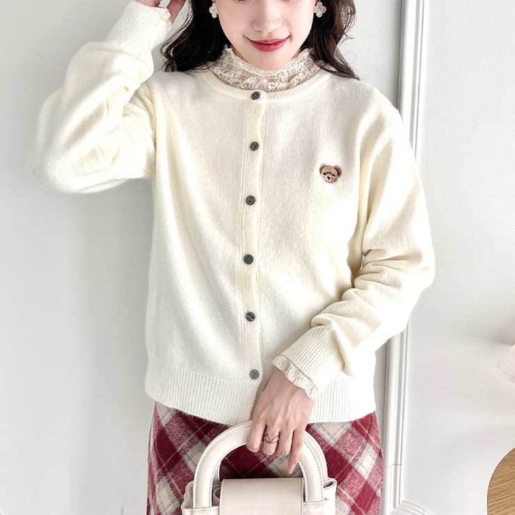 ワンポイントくま刺繍カーディガン[品番：OUTW0000063