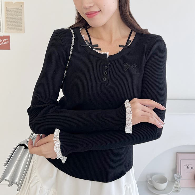 リボン刺繍レーストリムリブトップス | Outfitter lab | 詳細画像11 