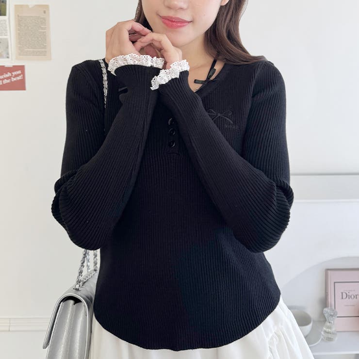 リボン刺繍レーストリムリブトップス | Outfitter lab | 詳細画像13 