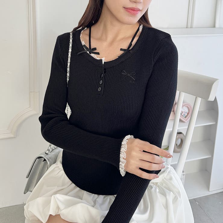 リボン刺繍レーストリムリブトップス | Outfitter lab | 詳細画像14 