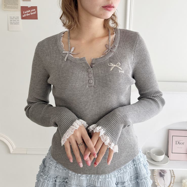 リボン刺繍レーストリムリブトップス | Outfitter lab | 詳細画像16 