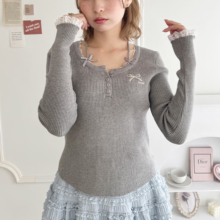 リボン刺繍レーストリムリブトップス | Outfitter lab | 詳細画像17 