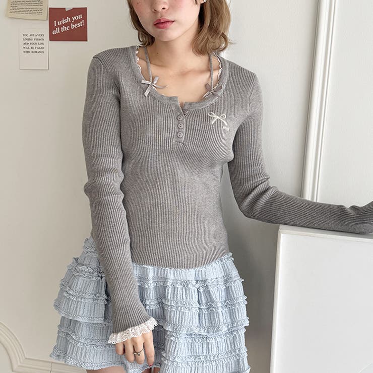 リボン刺繍レーストリムリブトップス | Outfitter lab | 詳細画像18 