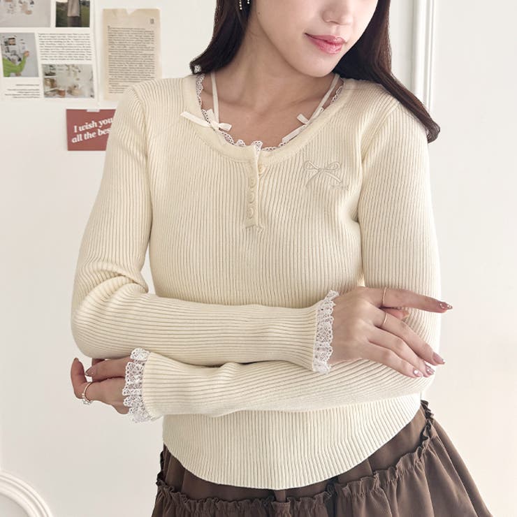 リボン刺繍レーストリムリブトップス | Outfitter lab | 詳細画像6 