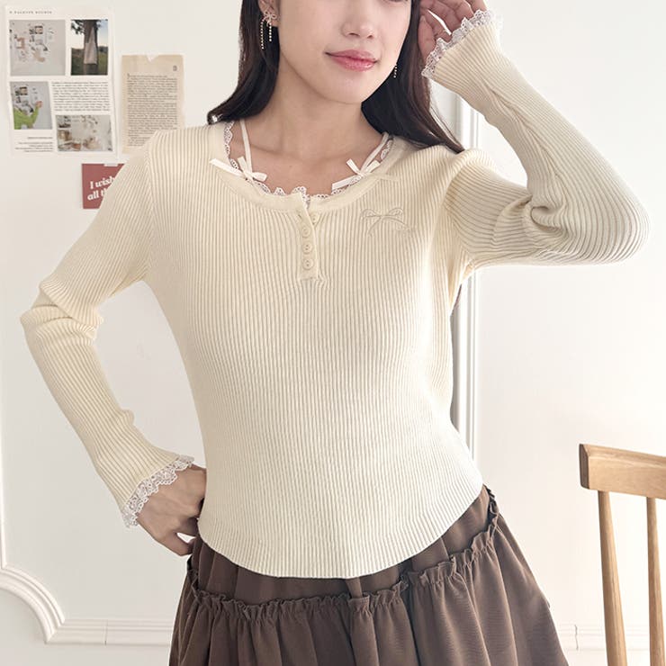 リボン刺繍レーストリムリブトップス | Outfitter lab | 詳細画像7 