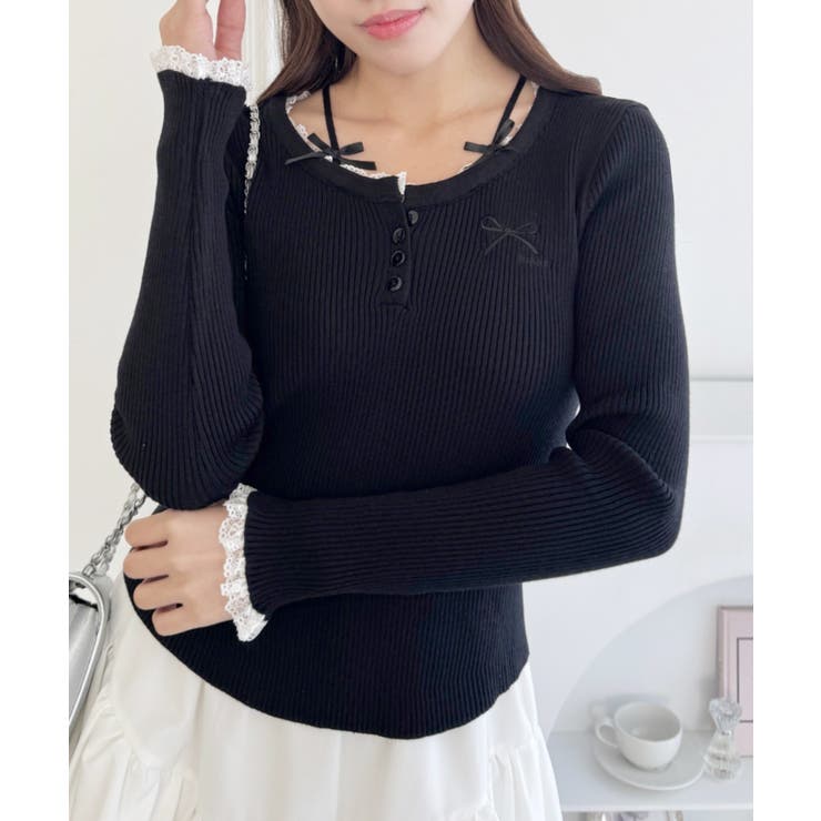 ブラック | リボン刺繍レーストリムリブトップス | Outfitter lab