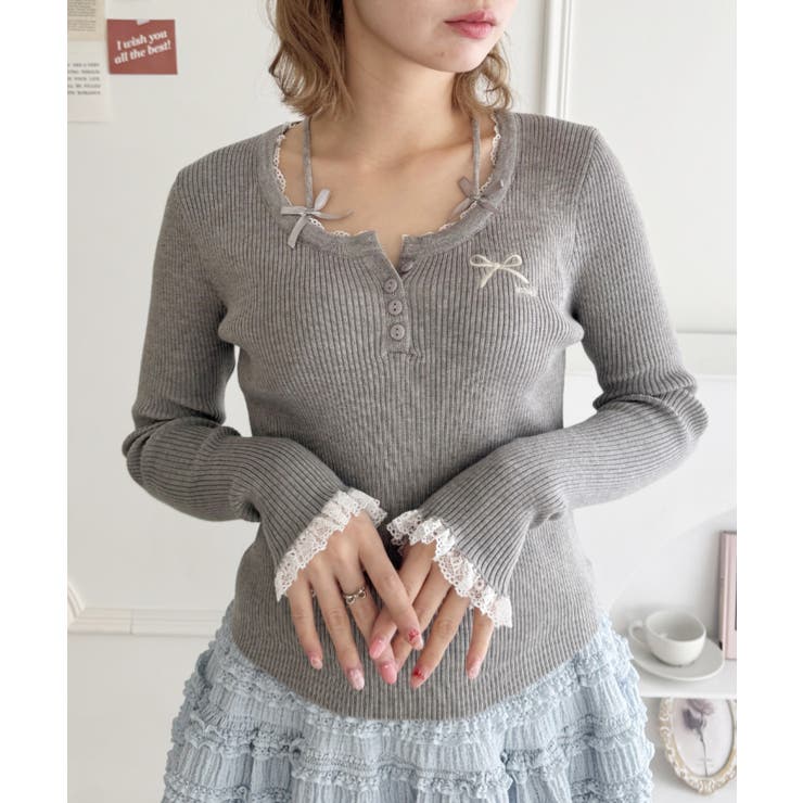 グレー | リボン刺繍レーストリムリブトップス | Outfitter lab
