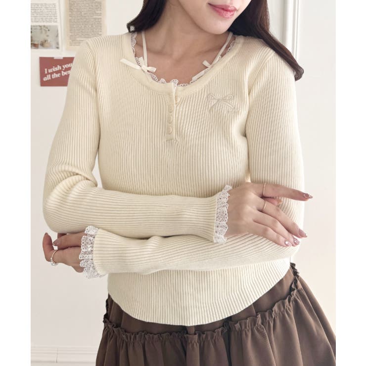 アイボリー | リボン刺繍レーストリムリブトップス | Outfitter lab