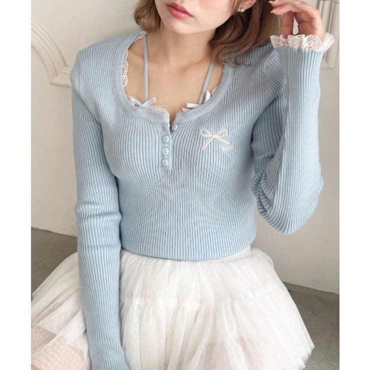 ライトブルー | リボン刺繍レーストリムリブトップス | Outfitter lab