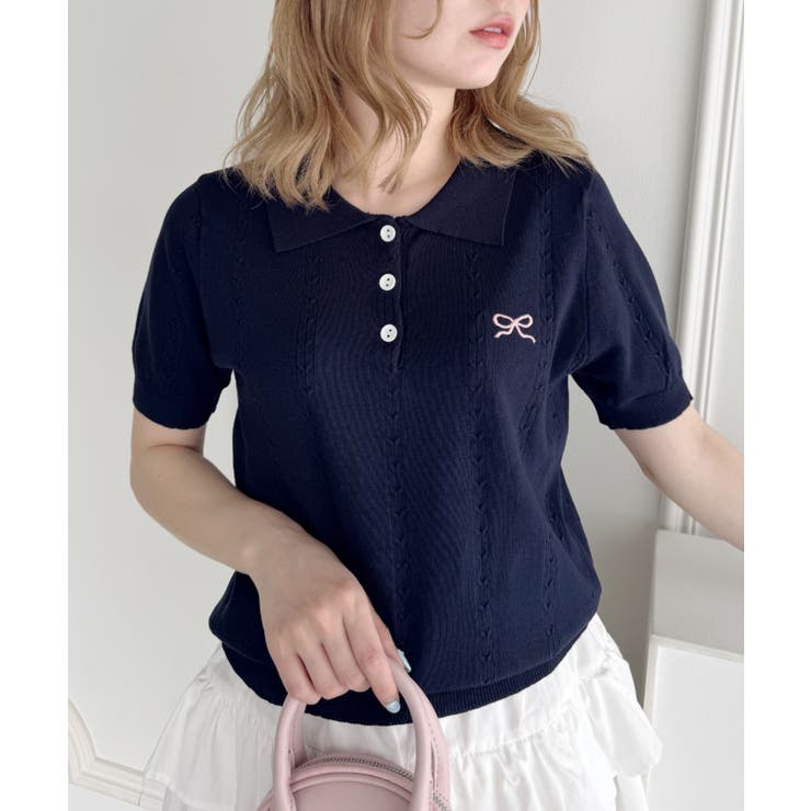 ネイビー | リボン刺繍ポロシャツ | Outfitter lab