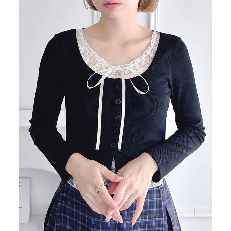 ブラック | レースリボンレイヤードトップス | Outfitter lab