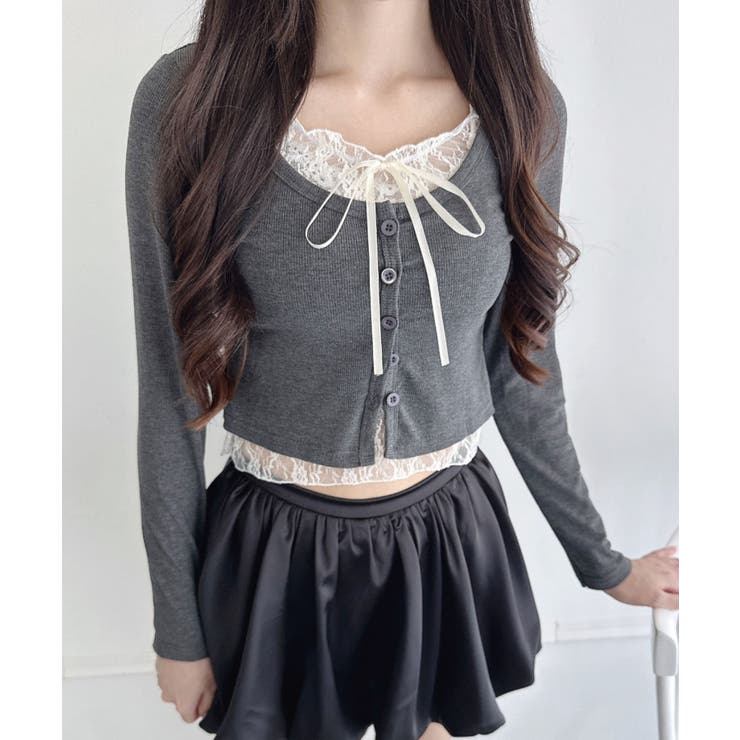 グレー | レースリボンレイヤードトップス | Outfitter lab
