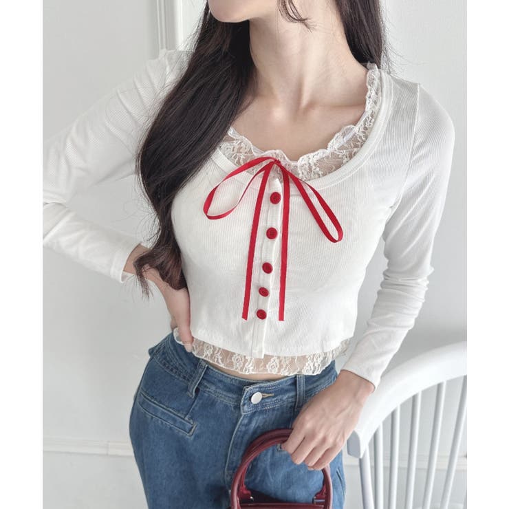 ホワイト | レースリボンレイヤードトップス | Outfitter lab