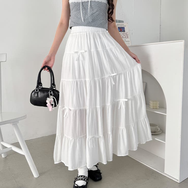 美品✨ ケティ ロングスカート ピコフリル ティアード リボン Mサイズ 白 リボンティアードロングスカート[品番：OUTW0000380]｜Outfitter lab