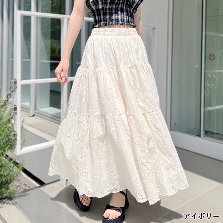 フラワー刺繍コットンレースティアードスカート[品番：OUTW0000233