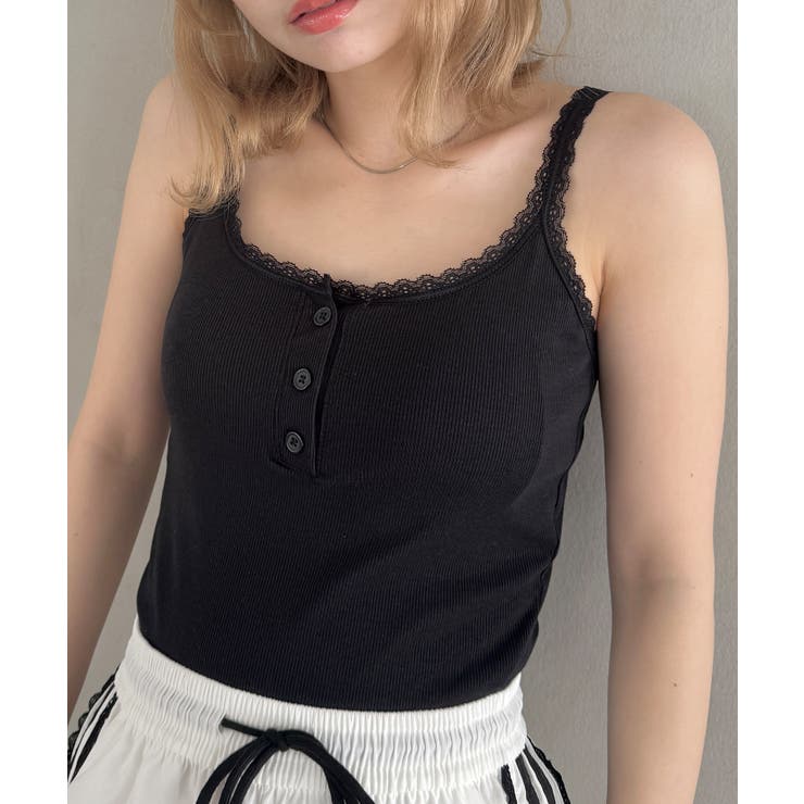 ブラック | 【 カップ付き 】レースストラップリブキャミソール | Outfitter lab