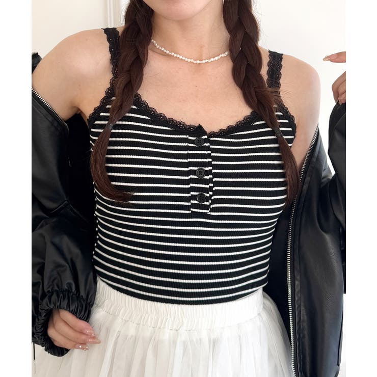 ブラック系その他 | 【 カップ付き 】レースストラップリブキャミソール | Outfitter lab