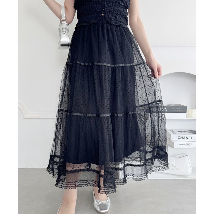 ブラック | ヴィンテージライクドットチュールスカート | Outfitter lab