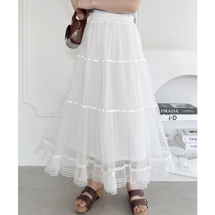 ホワイト | ヴィンテージライクドットチュールスカート | Outfitter lab