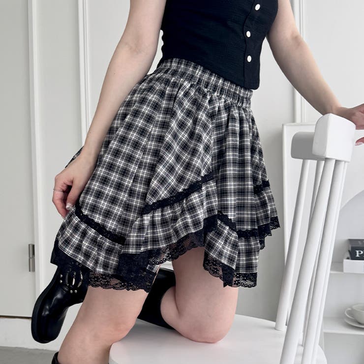 M me eme ビジューチェックフレアミニスカート グレー Mmeeme